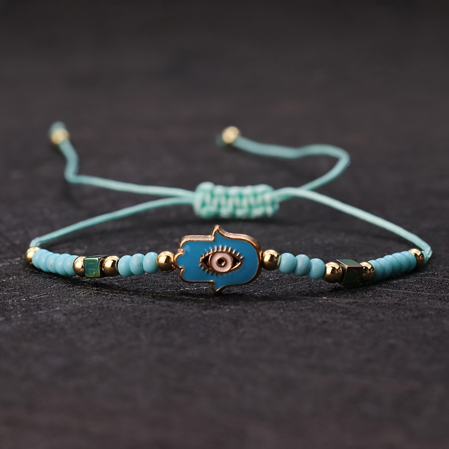 Boho Fatima Eye Charm Bracelet Nylon Rope Seed Bead Jewelry